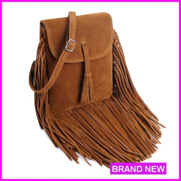 Handbags - Trendy Vegan Suede Crossbody Bag with Fringe Tassels and Card Slots